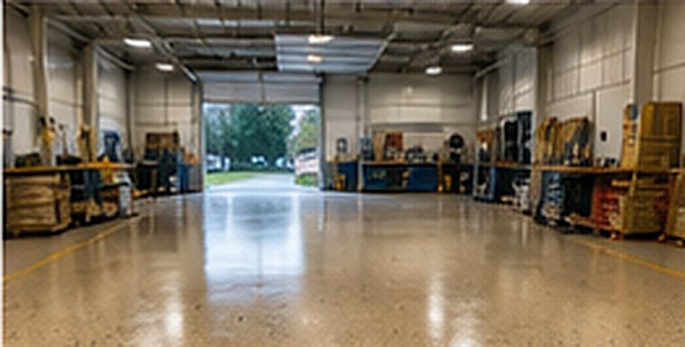 Commercial warehouse with seamless tan flake epoxy floor