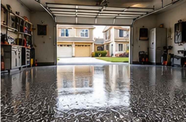 Two car garage with charcoal flake epoxy floor